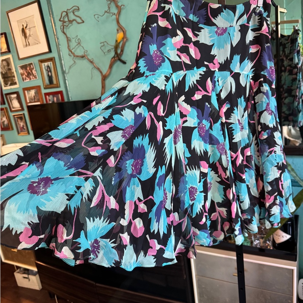Floral A-Line SILK Skirt - Black, Blue, Pink